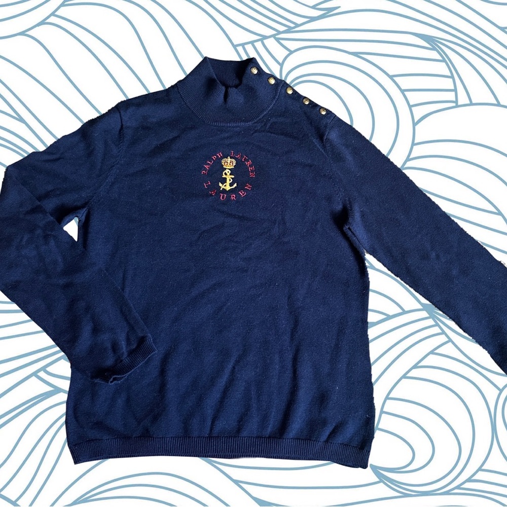 Vintage Ralph Lauren Anchor Mockneck Embroidered Sweater with Gold Buttons